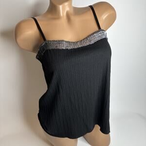 VTG Wanko Womens Black Ribbed Camisole Metallic Silver Sequin Cami Tank Small